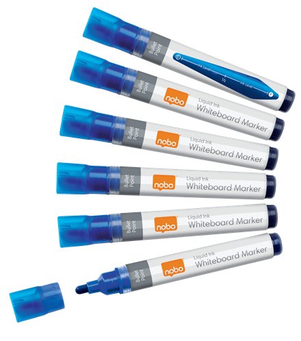 Nobo Caja De 10 Rotuladores Para Pizarra Blanca - Punta Redonda 3mm - Tinta Liquida - Nivel De Tinta - Color Azul