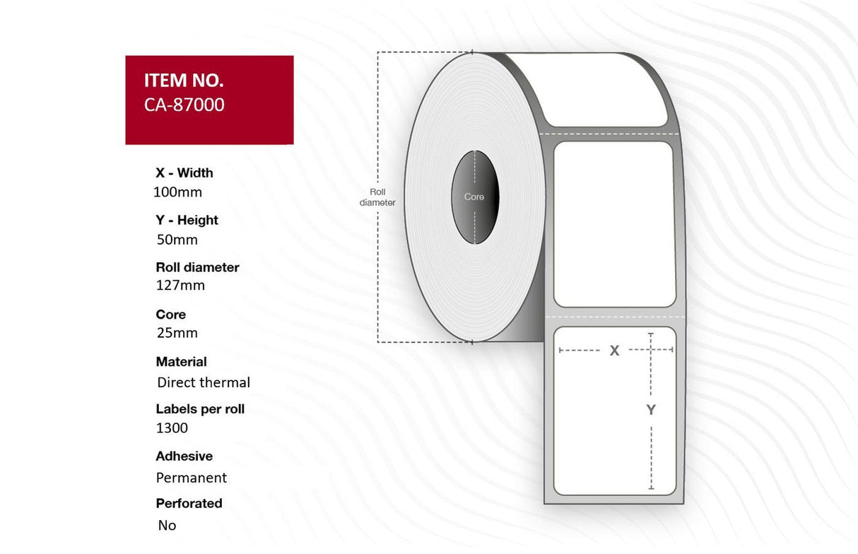 Label 100 X 50mm Core 25mm,  Direct Thermal, Coated,