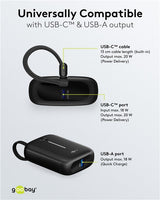 Goobay Powerbank 10.000 Mah, Integriertes Usb-C Cable 13cm, 20 Watt (Negro, 10 Ah, 1x Usb-A, 2x Usb-C, Pd, Qc) 76251
