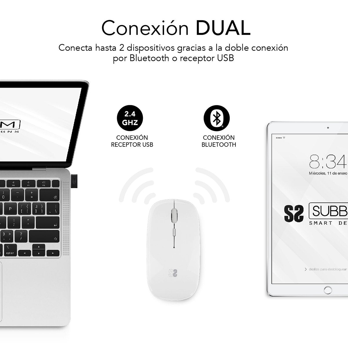 Ratón Inalámbrico Por Bluetooth Subblim Dual Flat Batería Recargable  Hasta 1600 Dpi  Blanco