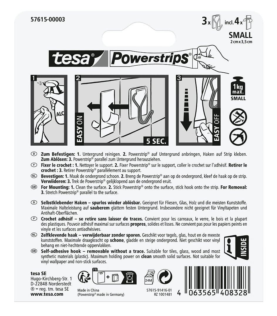 Tesa Powermrips Draht Haken 1kg 3x Selbmklebend Blanco