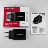 Axagon Acu-Qs24, Cargador De Red RãPido E Inteligente, 2x Puerto Usb Qc3.0 / Afc / Fcp + 5v-1.2a, 24w