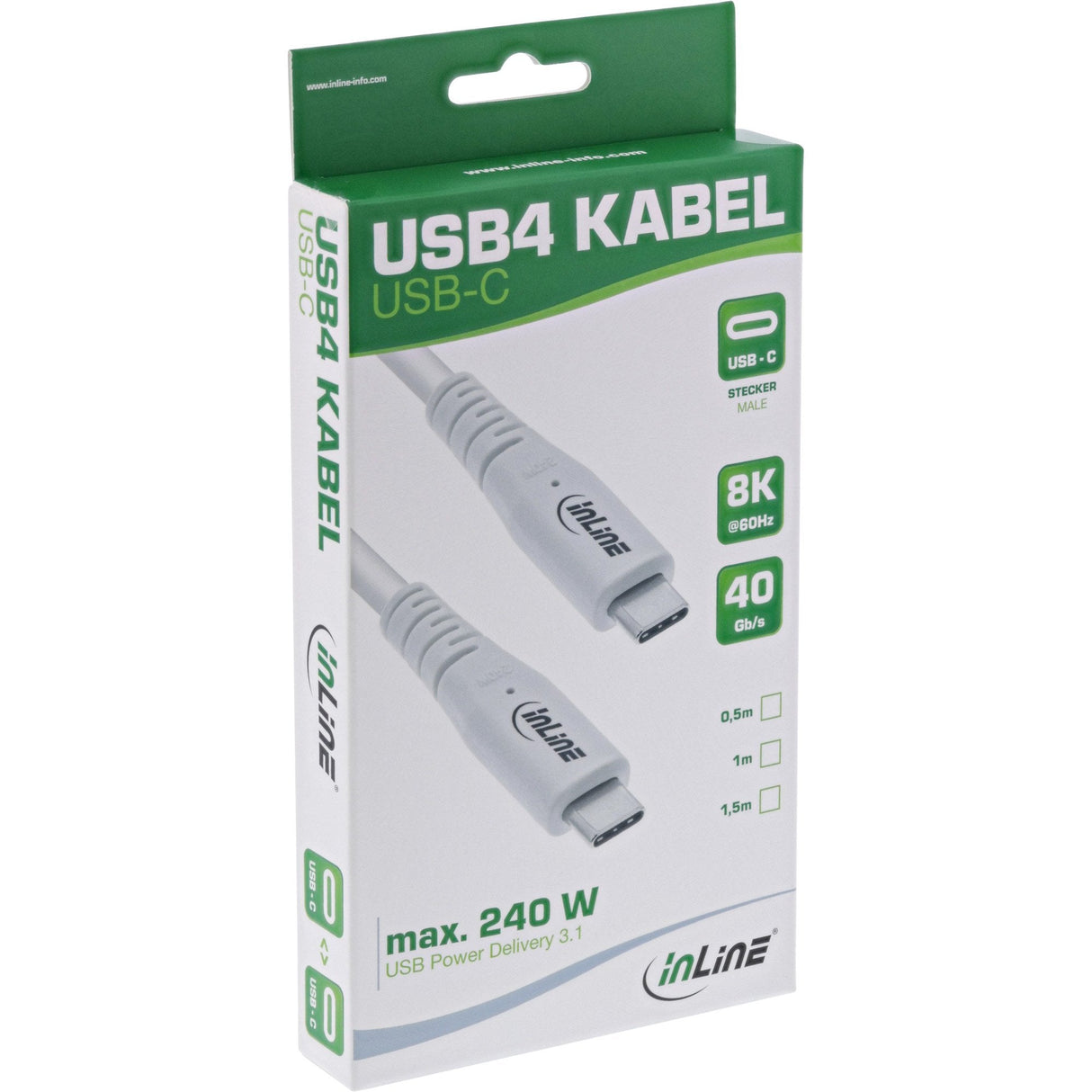 Inline® Usb4 Cable, Usb Type-C Male/Male, Pd 240w, 8k60hz, Tpe White, 0.5m