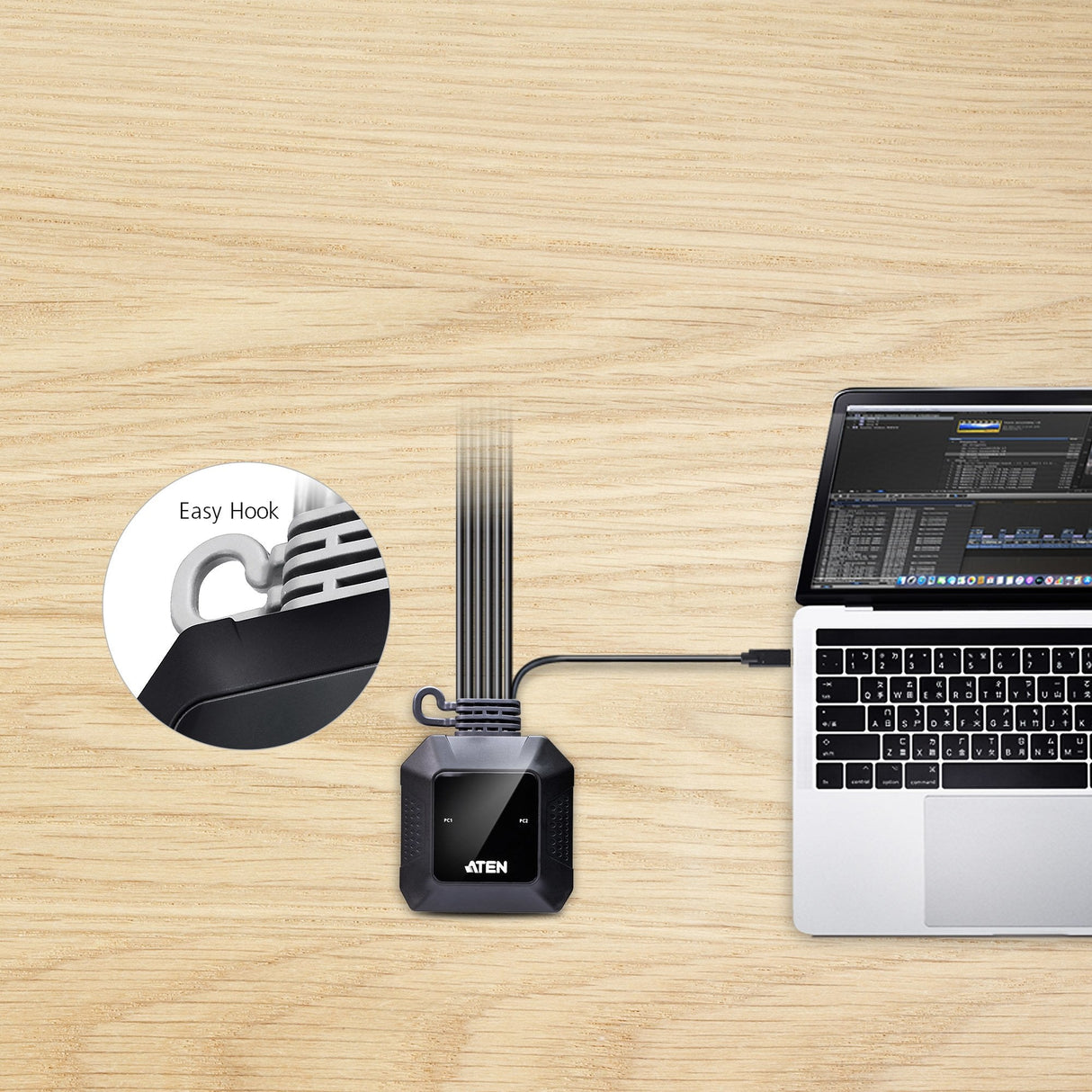 Aten Switch Kvm En Formato Cable Híbrido Displayport De 2 Puertos Usb-C