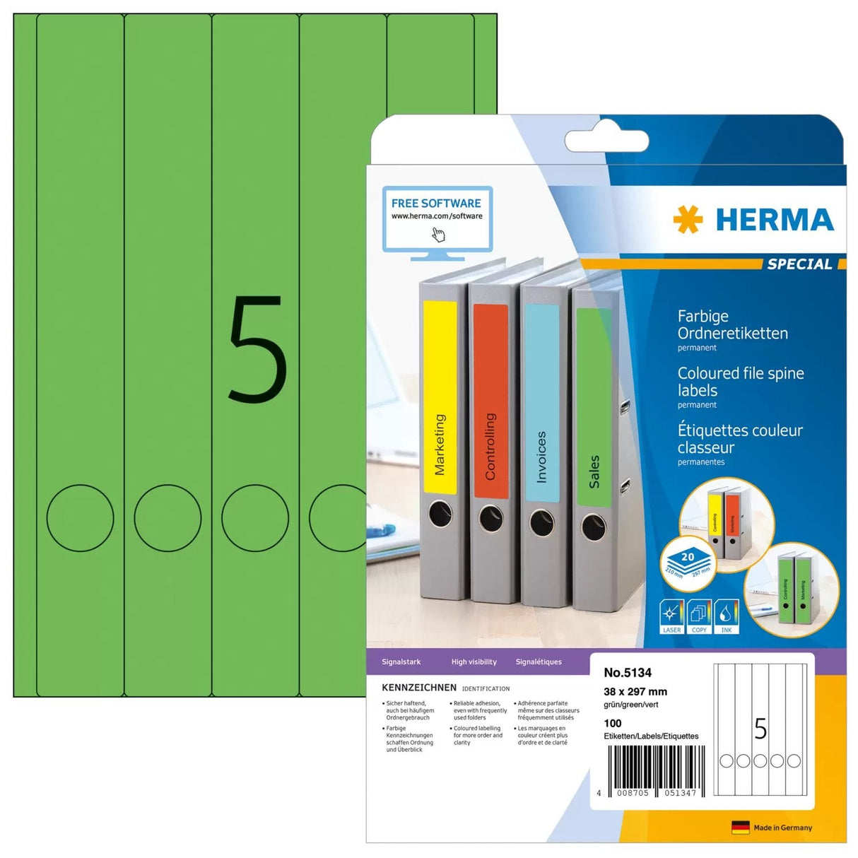 Carpeta Herma Etiquetas A4 Verde 38x297 Mm Papel Opaco 100 Piezas.