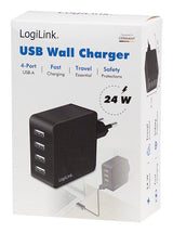 Logilink Usb-A Charger, 24 W, 4-Port, 4x Usb-A, Negro
