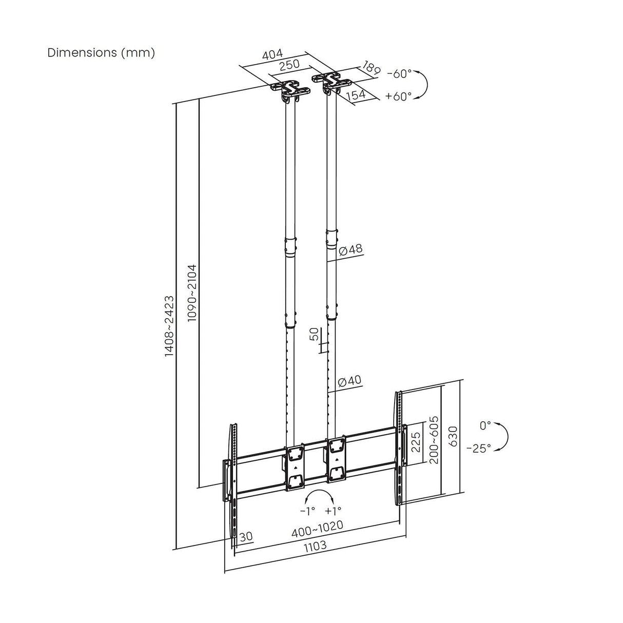 Aisens Soporte De Techo Pro Inclinable, Extensible Y Nivelable Para Monitor/Tv 120kg De 60-120, Negro