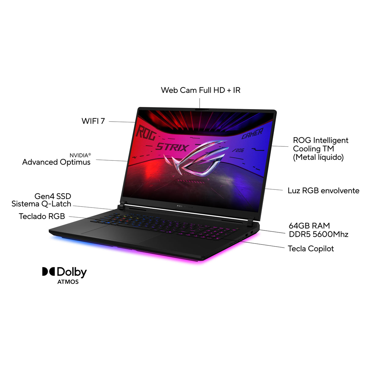Asus Rog Strix Scar 18 G835lw-Sa077w - Ordenador Portátil Gaming De 18" Wqxga 240hz (Intel Core Ultra 9 275hx, 64gb Ram, 2tb Ssd, Nvidia Rtx 5080 16gb, Windows 11 Home) Negro - Teclado Qwerty Español