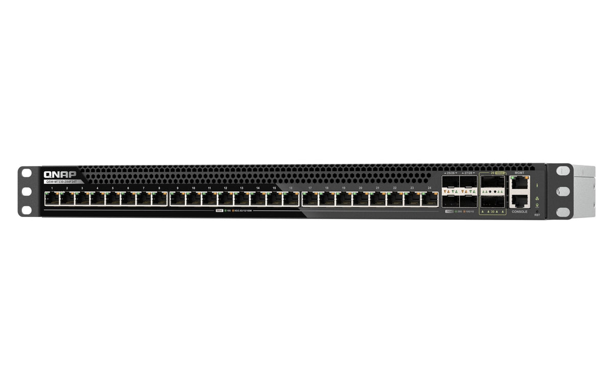 Qnap Qsw-M7230-2x4f24t Conmutador 2 X 100 Gigabit Qsfp28 + 4 X 25 Gigabit Sfp28 Montable En Rack Para Qnap Cab-Dac50m-Sfpp Trx-10gitsfpp-Sr Trx-25gsfp28-Sr