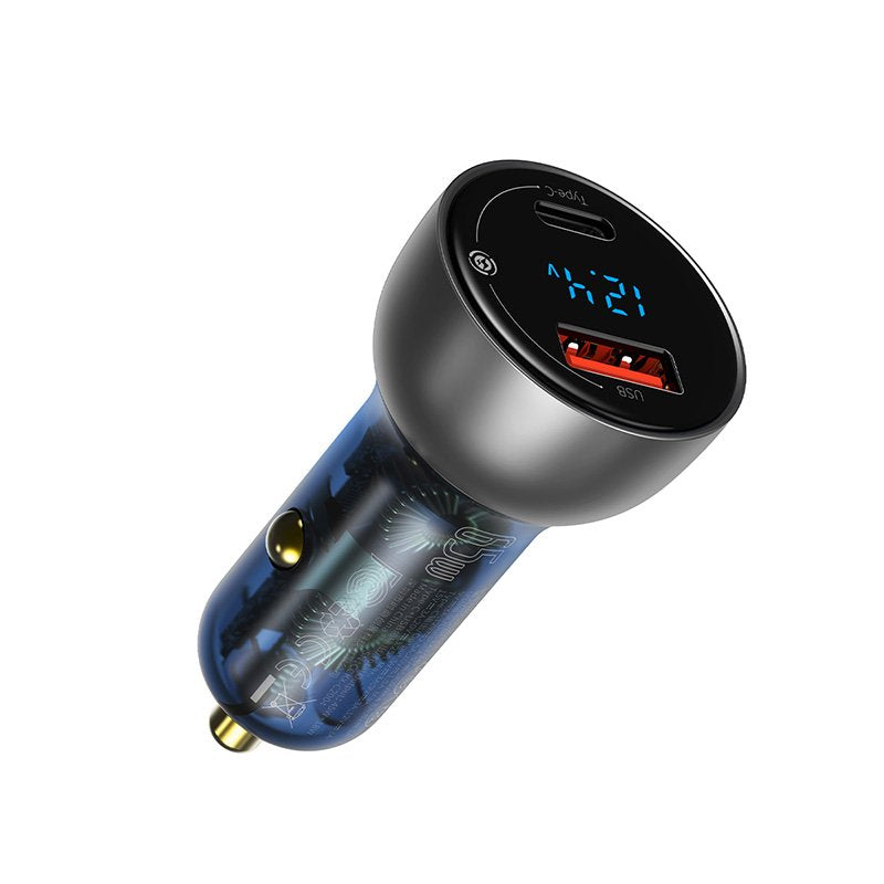 Baseus Adaptador De Coche Dual Con Pantalla Digital Usb-A Qc + Usb-C 65w, Ocre