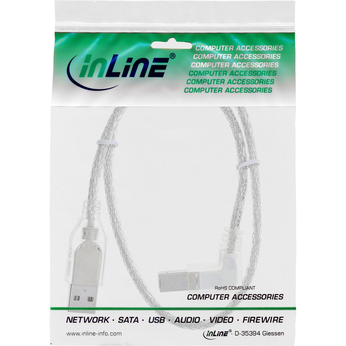 Inline Usb 2.0 Cable En Ángulo Recto Tipo A Macho A B Macho Transparente 0,3 M