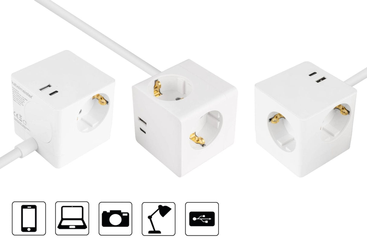 Cablemeister Steckdosenwürfel Mit 2m Zuleitung 3x Schuko  1x Usb-C 20w Pd 3.0  Usb-A 18w Weiss