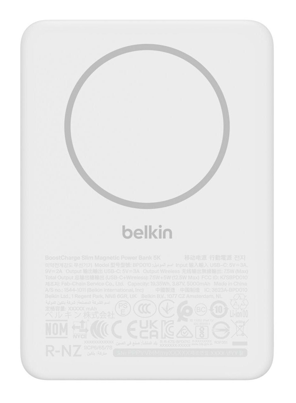 Cargador Inalámbrico Belkin  Delgado 5000 Mah 15 Vatios Fast Charge 2 Conectores De Salida (Magnética Usb-C) En El Cable: Usb-C Blanco