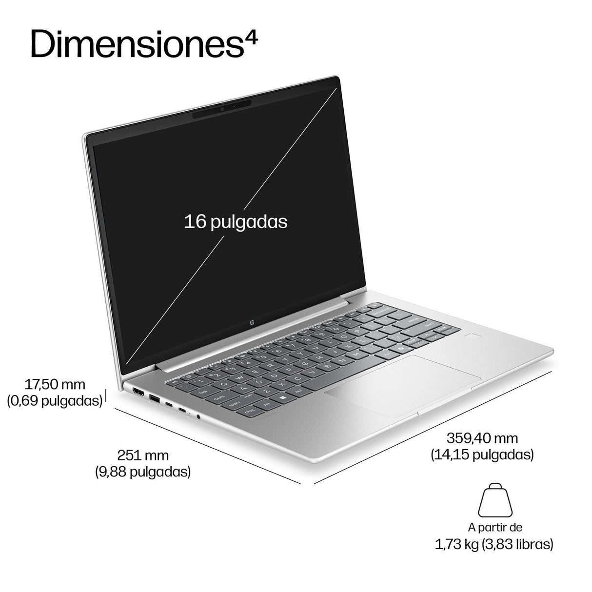 Hp Probook 4 G2ah Notebook Diseño De Bisagra En 177 Grados Amd Ryzen 5 220 / Hasta 4.9 Ghz Win 11 Pro Radeon 740m 16 Gb Ram 512 Gb Ssd Nvme 16" Ips 1920 X 1200 Gigabit Ethernet Wi-Fi 7 Bluetooth 6.0 Pike Silver (Plateado) Kbd: Esp