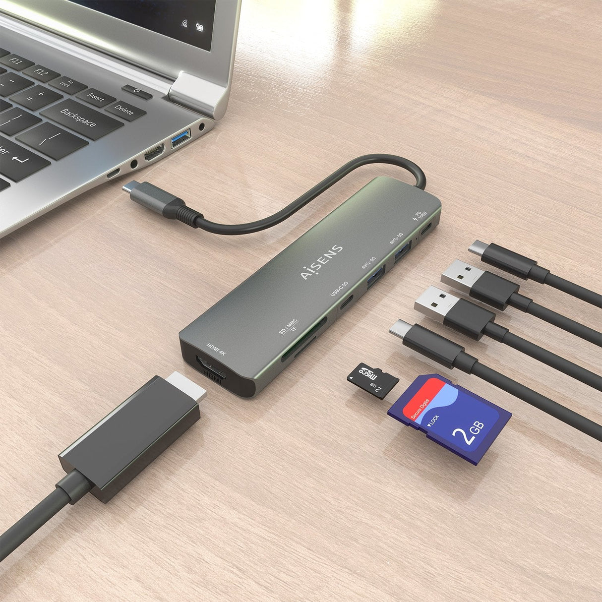 Aisens Usb-C Dock 7 En 1, Usb-C A 1xhdmi, 2xusb-A, 1xusb-C, 1xusb-C Pd 100w, 1xsd, 1xmicro Sd, Gris, 15cm