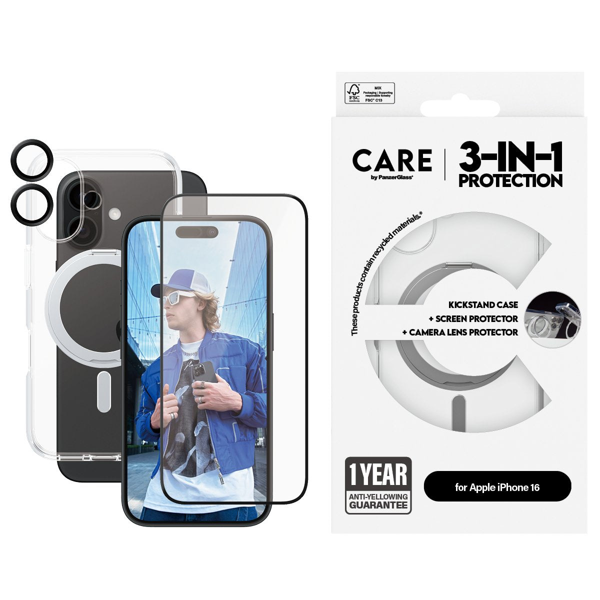 EAN 5715685004759 - PanzerGlass CARE™ by ® 3-in-1 Ceramic Bundle iPhone 16 funda para teléfono móvil Transparente imagen 2