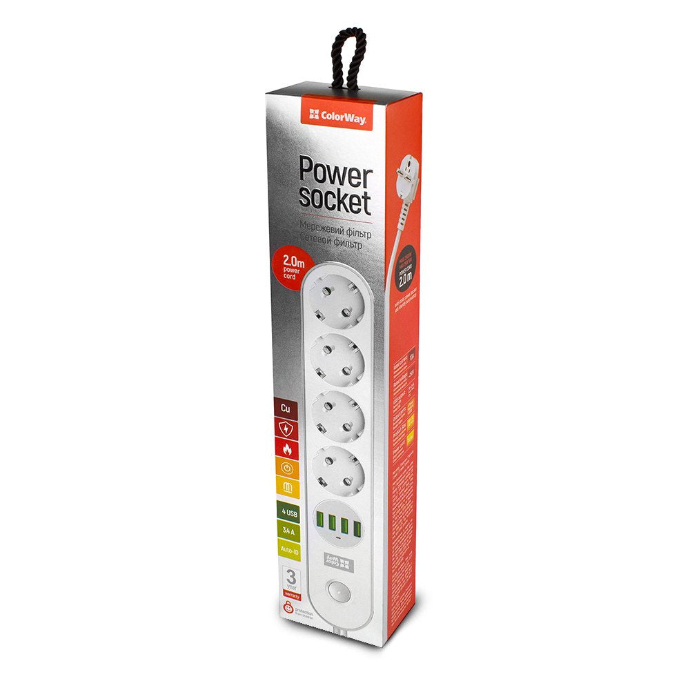 Regleta Colorway Cw-Che44w Power Socket 4plugs 4usb, White, 2m