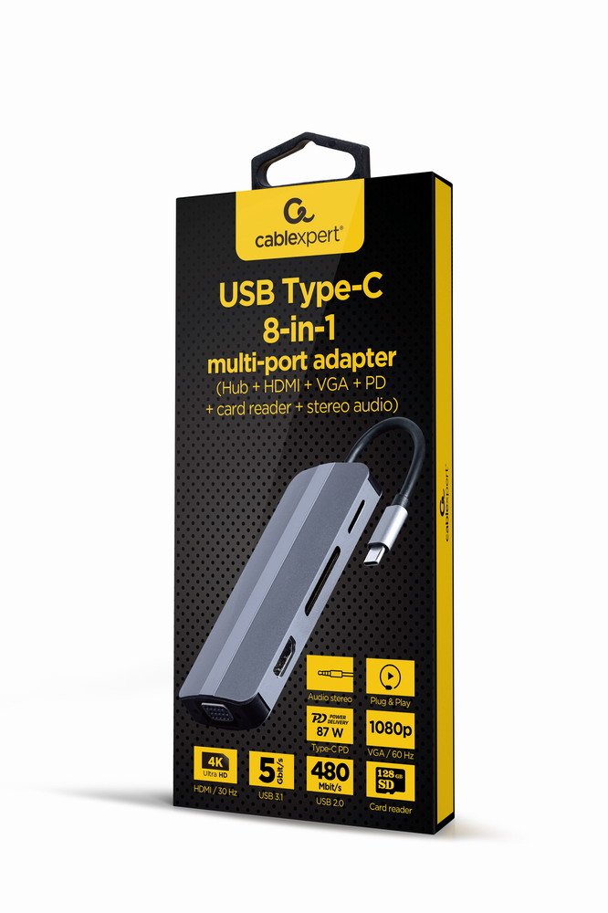 Gembird A-Cm-Combo8-02 Usb Tipo C 8in1 Multi Port Adapter Hub + Hdmi + Vga + Pd + Card Reader + Stereo Audio Silver