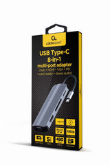 Gembird A-Cm-Combo8-02 Usb Tipo C 8in1 Multi Port Adapter Hub + Hdmi + Vga + Pd + Card Reader + Stereo Audio Silver