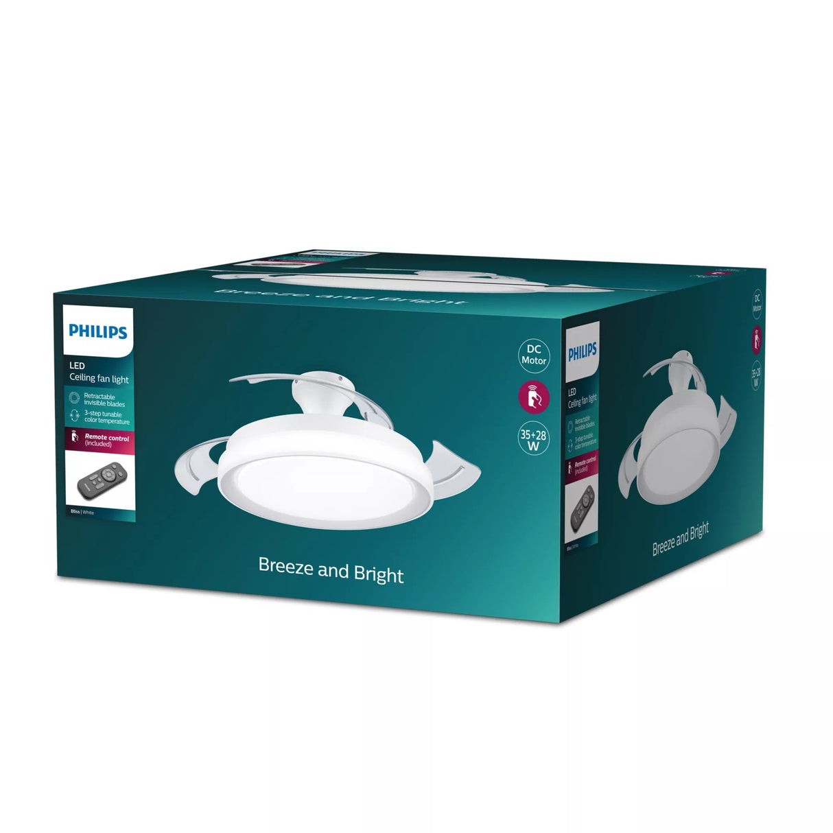 Ventilador De Techo Retractil Philips Bliss 35+28w Led 27-55-40k Mando A Distancia Motor Dc Blanco