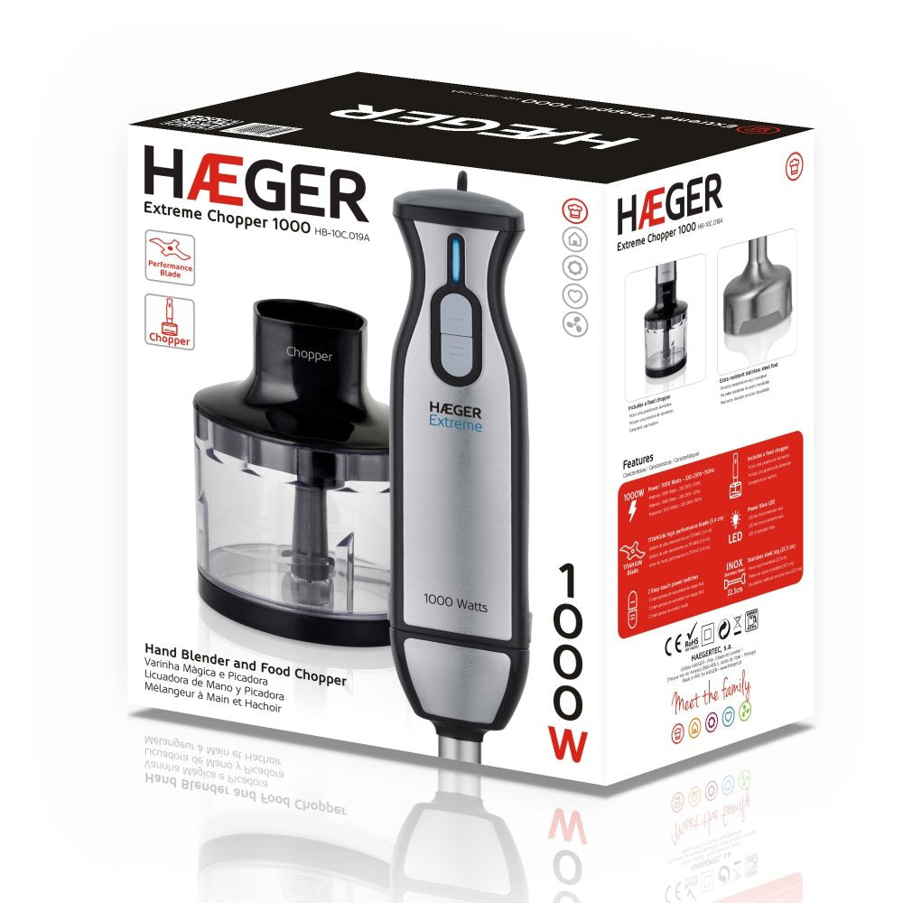 Batidora Haeger Extreme Chopper 1000w 2 Interruptores Toque Fácil/Suave  Eje Desmontable Pie Acero Inox Incluye Picadora Alimentos