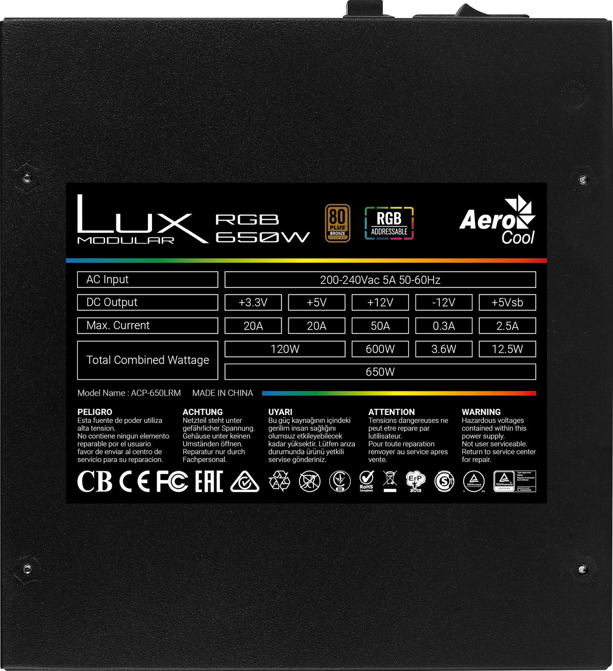Fuente De Alimentacion Aerocool Lux Rgb 650m, 650 W, 220 - 240 V, 50 - 60 Hz, 94%, 5 A, 120 W