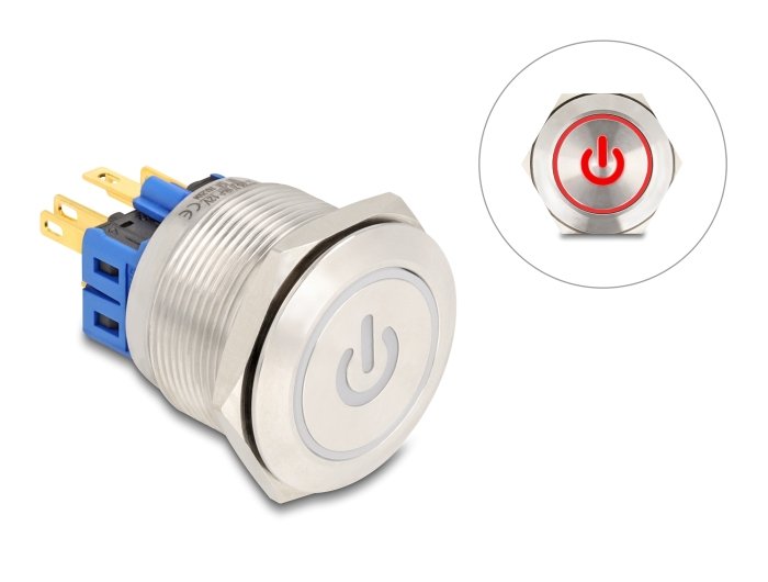 Drucktaster Zum Einbau 25 Mm 6 X Lötanschluss Led Rot Powersymbol + Ring