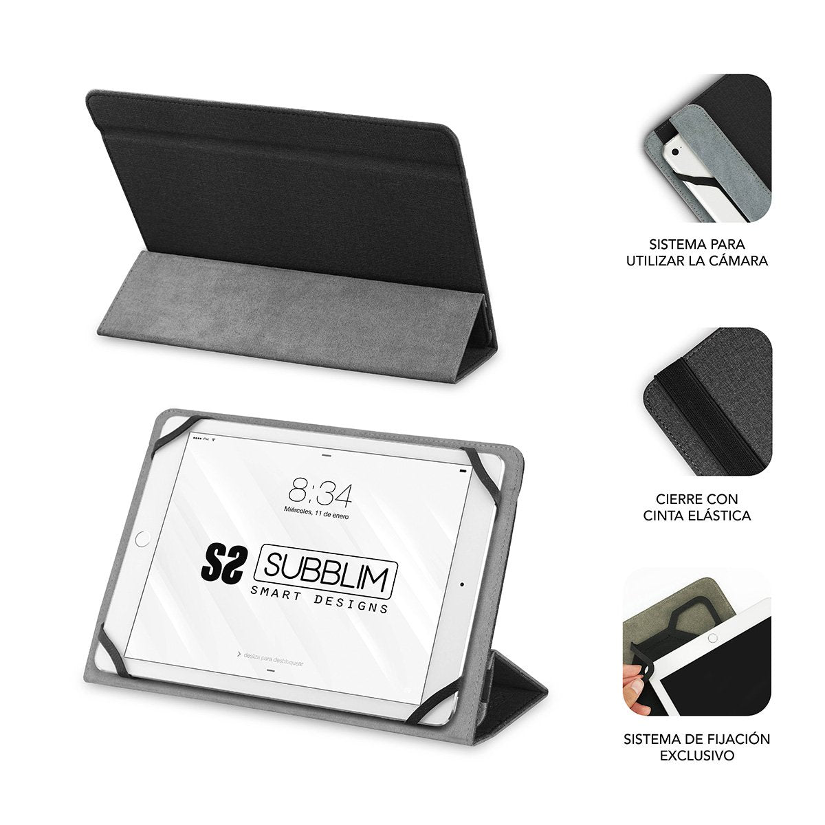 Funda Universal Subblim Freecam Para Tablet Hasta 10.1'/25.6cm Black Interior Aterciopelado Trasera Plegable Para Usar Cámara
