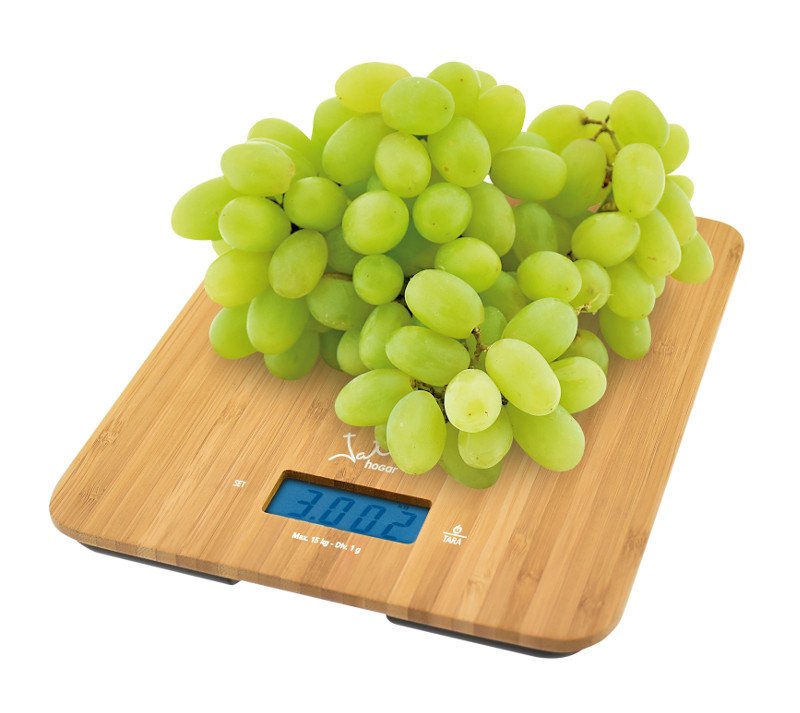 Báscula De Cocina Gran Pesada Jata 720 Hasta 15kg Precisión 1g Función Tara Visor Lcd Reloj Integrado Superficie Bambu Prensado