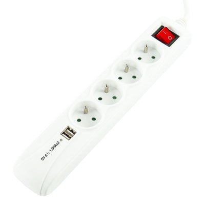 4-Way+2 Usb Power Strip:  White - On/Off Switch - 1.5m