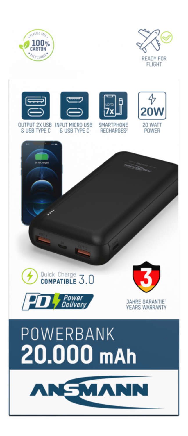 Bateria  Ansmann Powerbank 20000 Mah 20w 2 Usb-A Ports, Usb-C Port