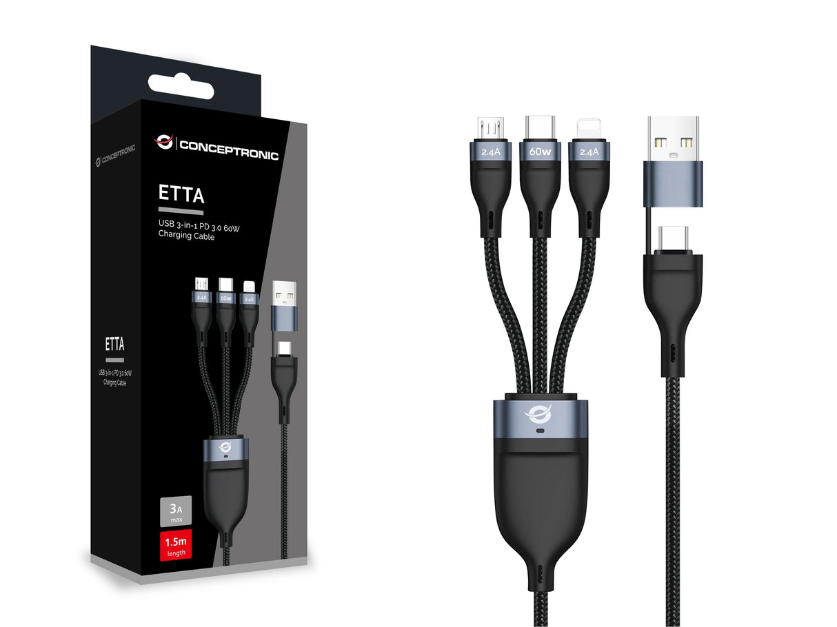 Cable Usb 3in1 2m Conceptronic Pd 3.0 60w 20v 3a  480mbps E-Mark