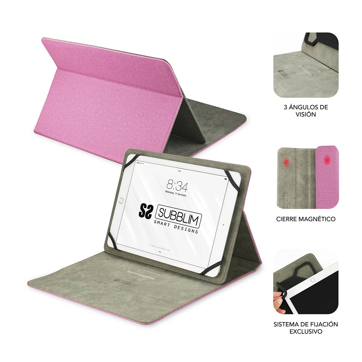 Funda Universal Subblim Clever Stand Para Tablet Hasta 10.1'/25.6cm Pink Material Exterior Acabado Cloth Interior Aterciopelado