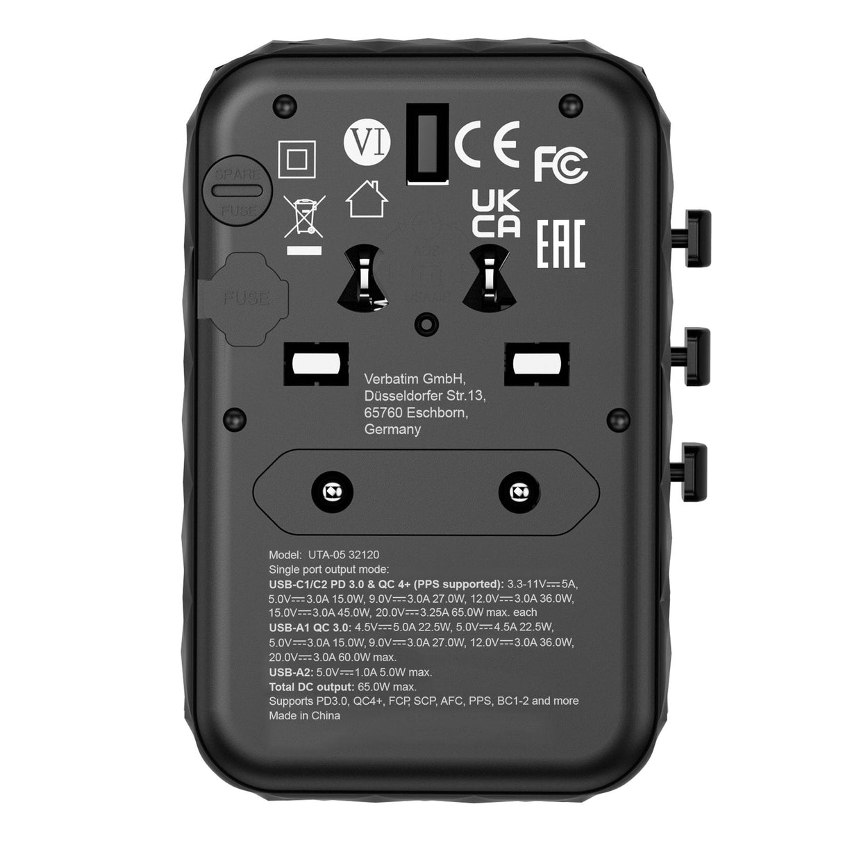Cargador De Pared Universal Verbatim Uta-05 Gan Iii Toma De Corriente Universal 2xusb Tipo-C 2xusb 65w
