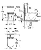 Toilet Grohe Euro Ceramic, Stand-Up, Double Flush 3 6 L, Without Flush Hose, Inlet From The Bottom, With Slow-Descending Lid, 39462000