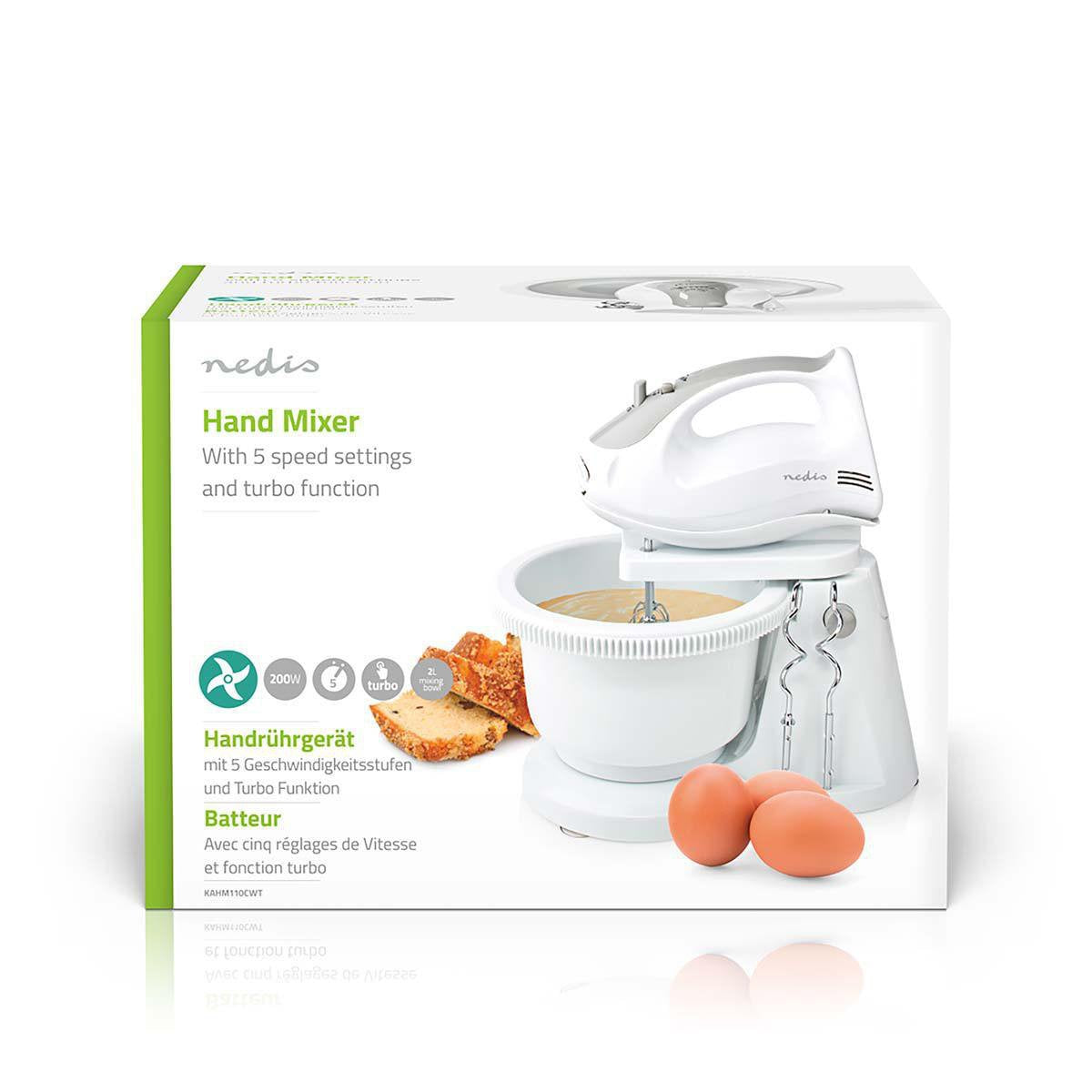 Nedis Batidora Mezcladora Bol Giratorio 2lt  200 W  5 Ajustes Velocidad Funcion Turbo Blanco/Gris