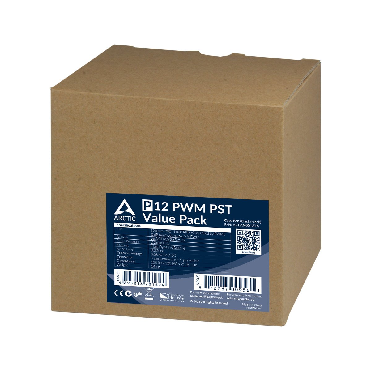Arctic Ventilador Caja P12 Pwm Pst Value Pack 5 Unid 120mm (Acfan00137a) Arctic P12 Pwm Pst Value Pack, Carcasa Del Ordenador, Enfriador, 12 Cm, 200 Rpm, 1800 Rpm, 0,3 Sonio