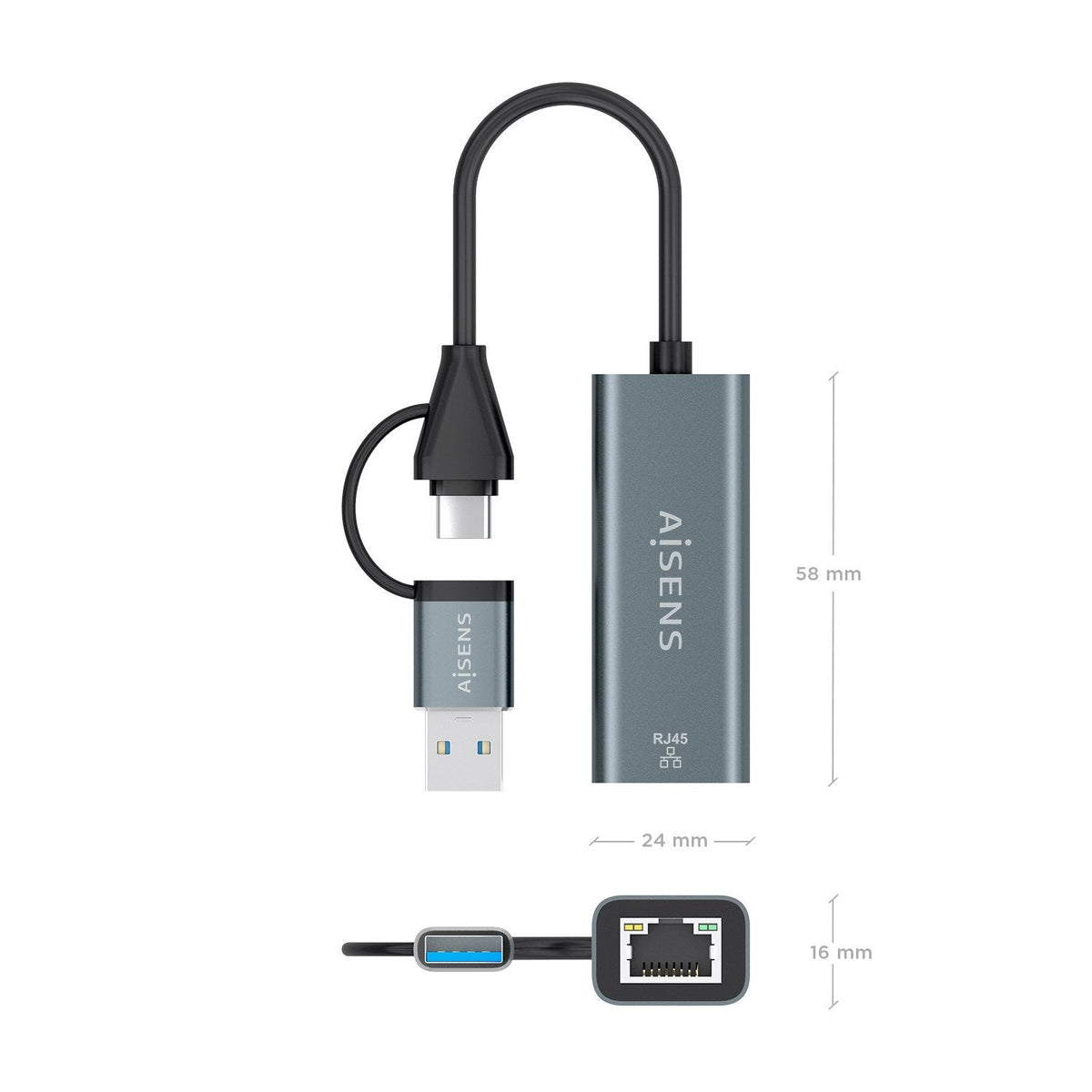 Adaptador Usb + Usb Tipo-C 3.2 Rj45 Aisens A109-1032 1000mbps