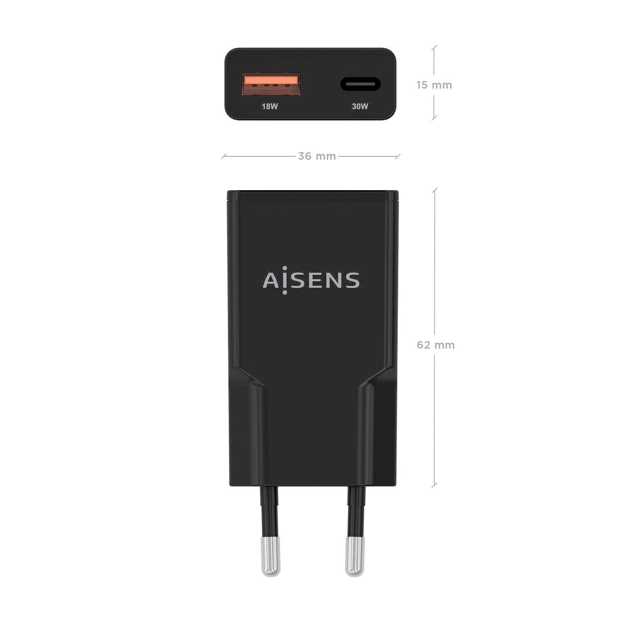 Aisens Cargador Gan Ultra Delgado 30w, 1xusb-C Pd3.0 Qc4.0, 1xusb-A Qc3.0, Negro