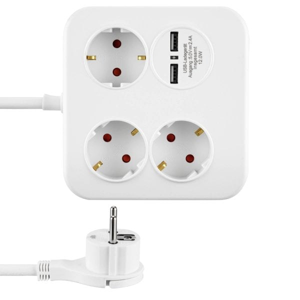 Rev Powerquad 3-Fold Power Strip + 2x Usb White