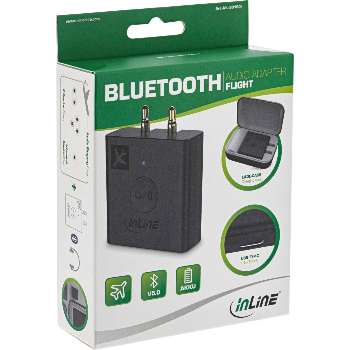 Transmisor De Audio Bluetooth Para Aviones Inline, Bt 5.0, Aptx Hd/Ll, Adaptador De Vuelo Con Estuche De Carga