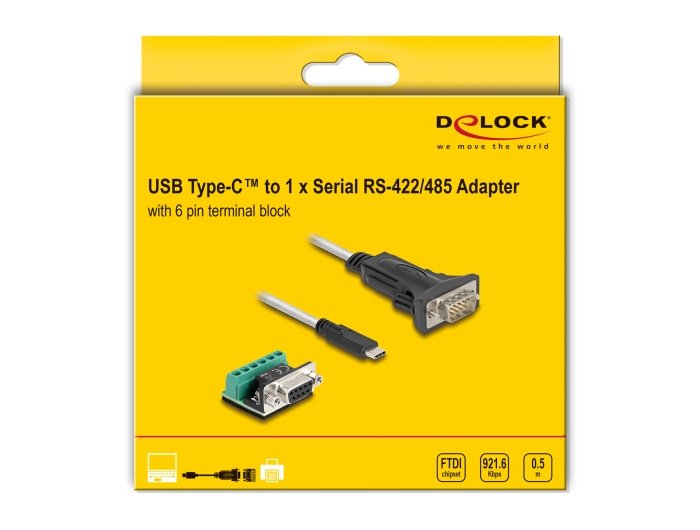 Delock Adapter Usb Type-C Zu 1 X Seriell Rs-422 485 Stecker Mit 6 Pin Terminalblock 5 V 0,5 M