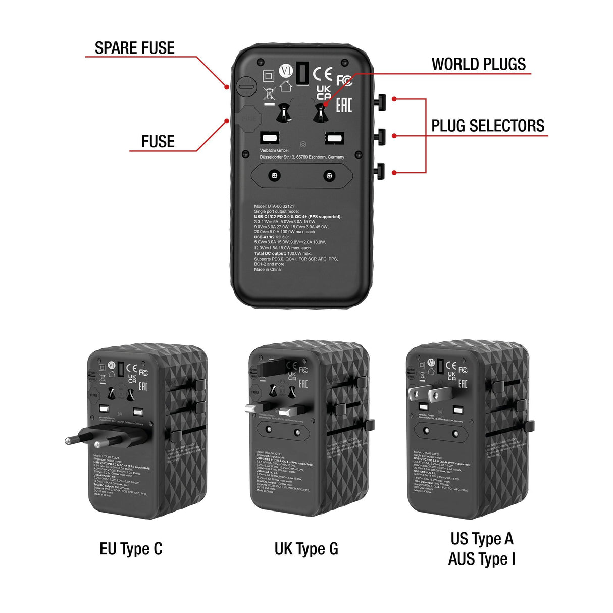Cargador De Pared Universal Verbatim Uta-06 Gan Iii Toma De Corriente Universal 2xusb Tipo-C 2xusb 100w