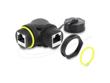 Delock Cableverbinder Rj45 Buchse Zu Rj45 Buchse Cat.6 Mit M23 X 1,5 Mm Gewinde Und Verschlusskappe 90° Gewinkelt Ip68 Schwarz