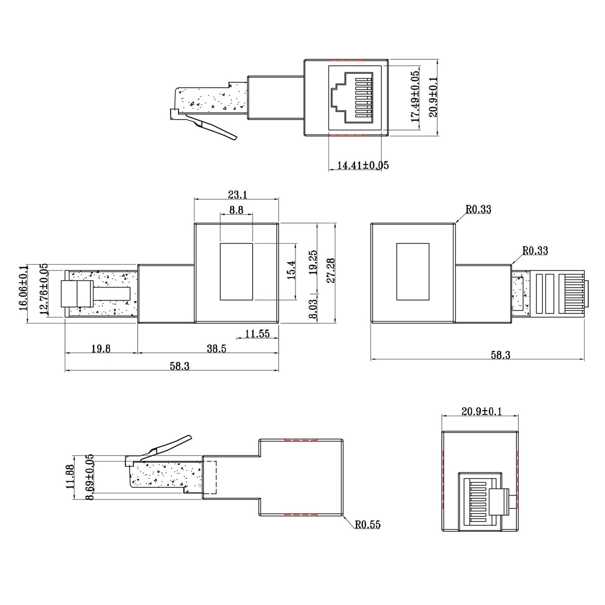Adaptador De Cable De Red Inline Cat.6a, Enchufe/Toma Rj45, Acodado 90° A La Izquierda