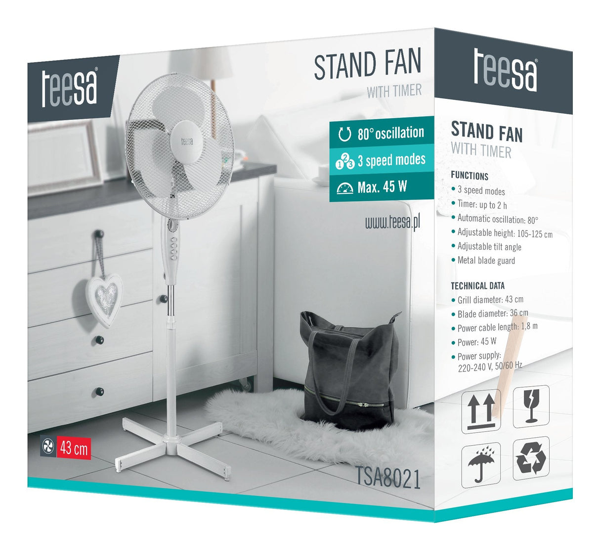 Ventilador De Pie Teesa Tsa8021 Con Temporizador, Blanco