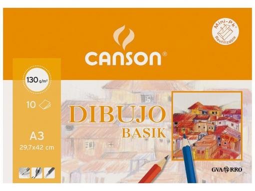 Pack Papel Dibujo Canson Dibujo Basik C200403159/ A3/ 10 Hojas