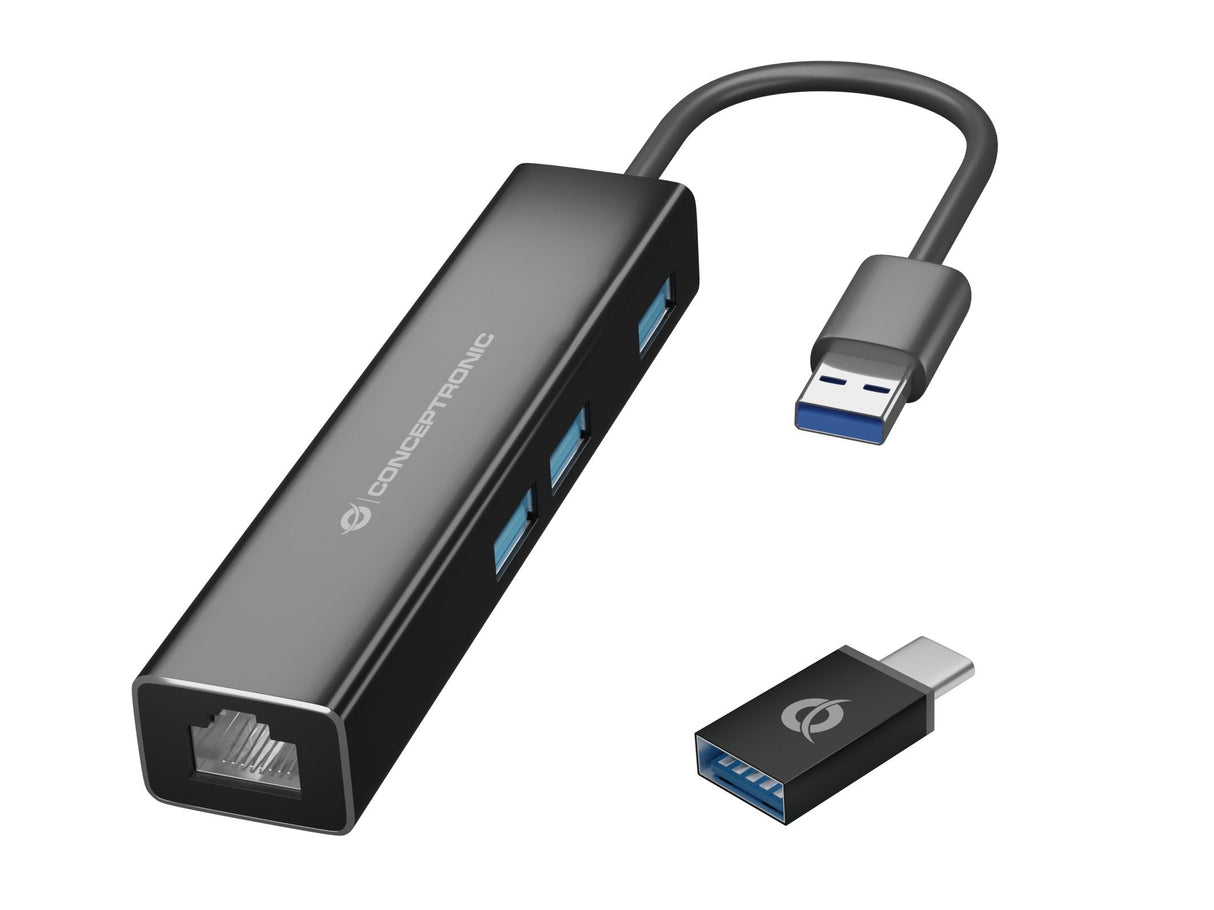 Conceptronic Usb-Hub 3port Usb-C->Usb-A 3.0/Giga.+Adaptador