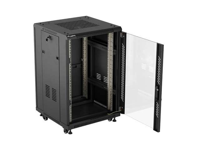 Lanberg Rack Cabinet 19 " Free Standing 18u 600x600 Flat Pack With Glass Door Black