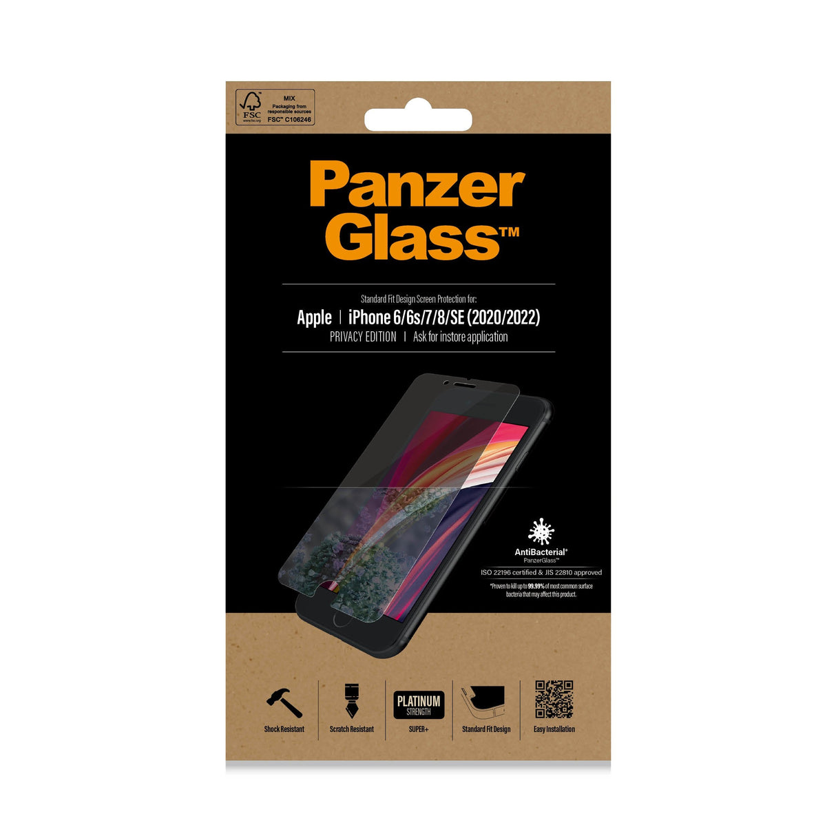 Protector De Pantalla Panzerglass P2684 Para Iphone 6/6s/7/8/Se (2020) Cristal Templado Bordes Redondeados Filtro Privacidad
